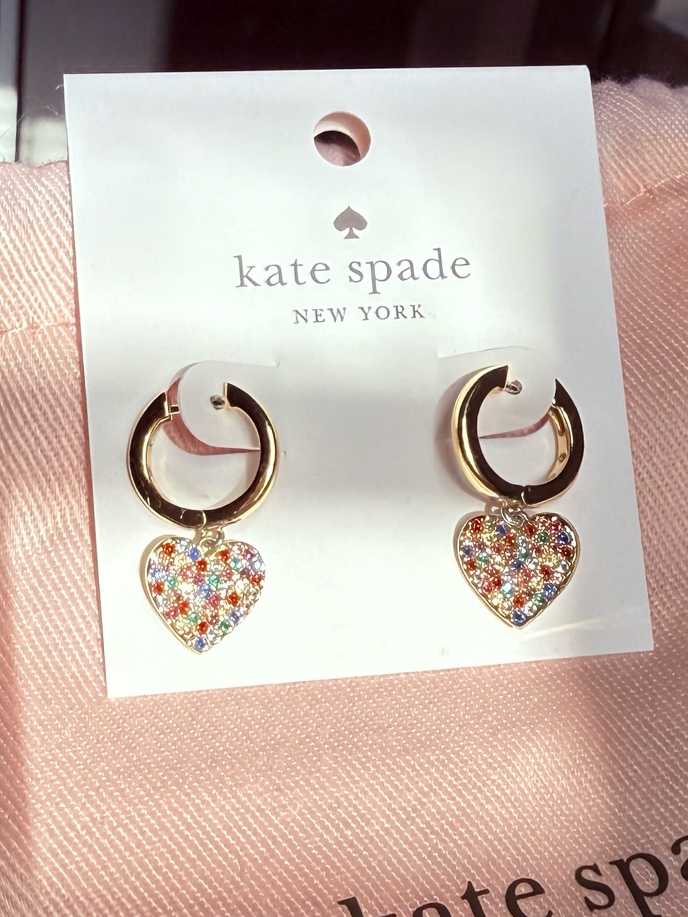 kate spade Gold Tone Hoop Earrings Multicolor Crystal Heart Drops/Hypoallergenic